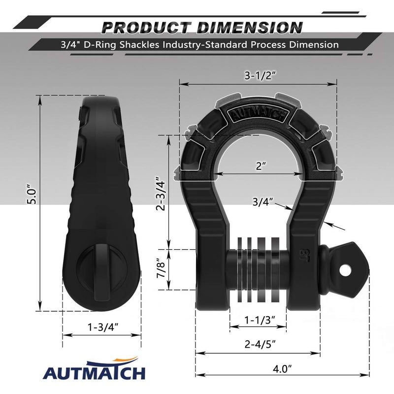 AUTMATCH D Ring Shackles 3/4 "" Mega Shackle (2 Pack) 68 000Ibs Break Strength - Clevis Shackle 7/8 "" Screw Pin  D Shackle Isolator & Washer Kit for Tow Strap Winch Off Road Vehicle Recovery  Matte Black - Image 3